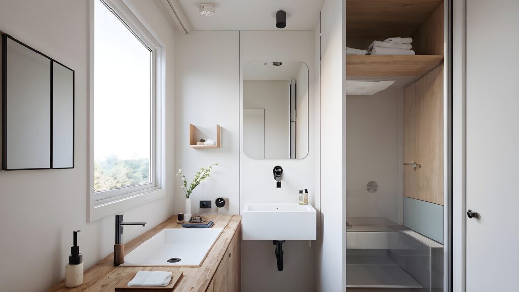 Przytulność białej łazienki w drewnie